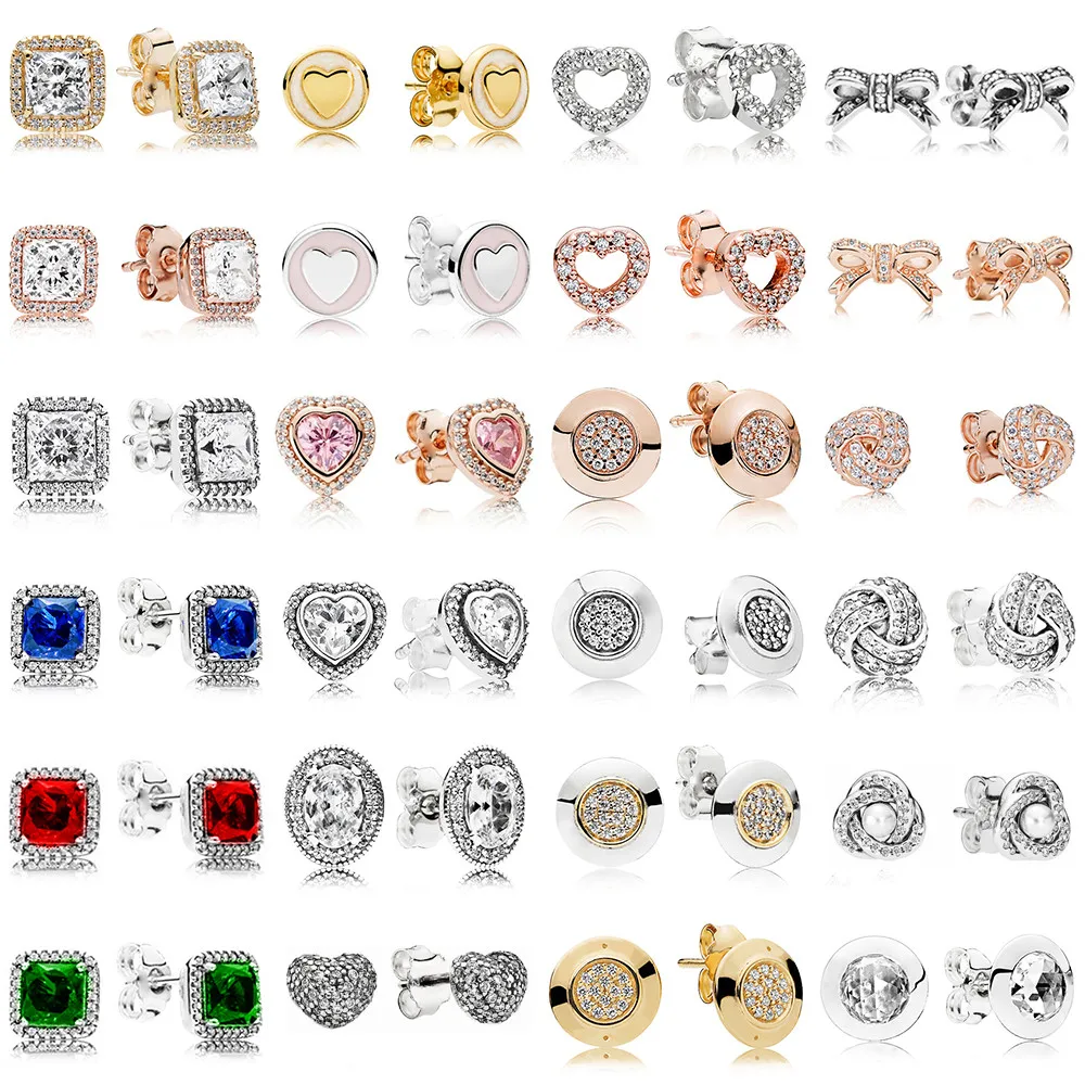 

925 Sterling Silver jewelry Earring Signature Bow Square Drill Love Hearts Studs Earrings for women rose earring brincos earings