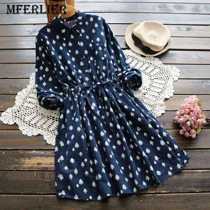 

Mferlier Women Dress Turn Down Collar Long Sleeve Drawstring Waist Tree Print Ladies A Line Vintage Shirt Dress