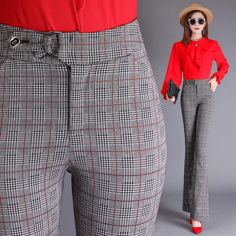 

Flare Pants Women 2019 Spring Fashion Lady Trousers High Waist Skinny Pantalon Femme Workwear Office Woman Vintage Plaid Pants
