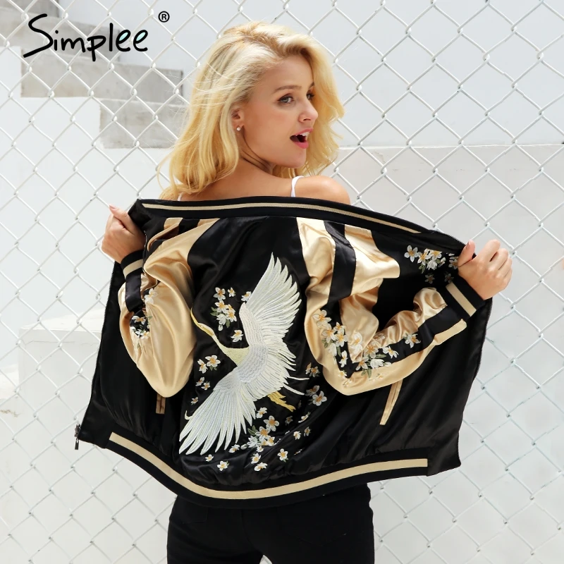 Simplee Vintage embroidery basic jacket coat Autumn 2018 street satin bomber jacket Women reversible baseball jackets sukajan