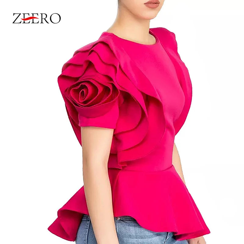 

2019 Women Fashion Summer Blouse Shirts O-Neck Ruffles Sleeve Asymmetric Hem Slim Rose Flower Patchwork Women Tops Blouse