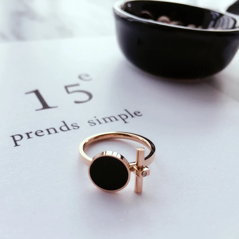 

Rose Gold Color Titanium Steel Black Round Charms With Rhinestone Finger Rings For Women Size 4-10 available