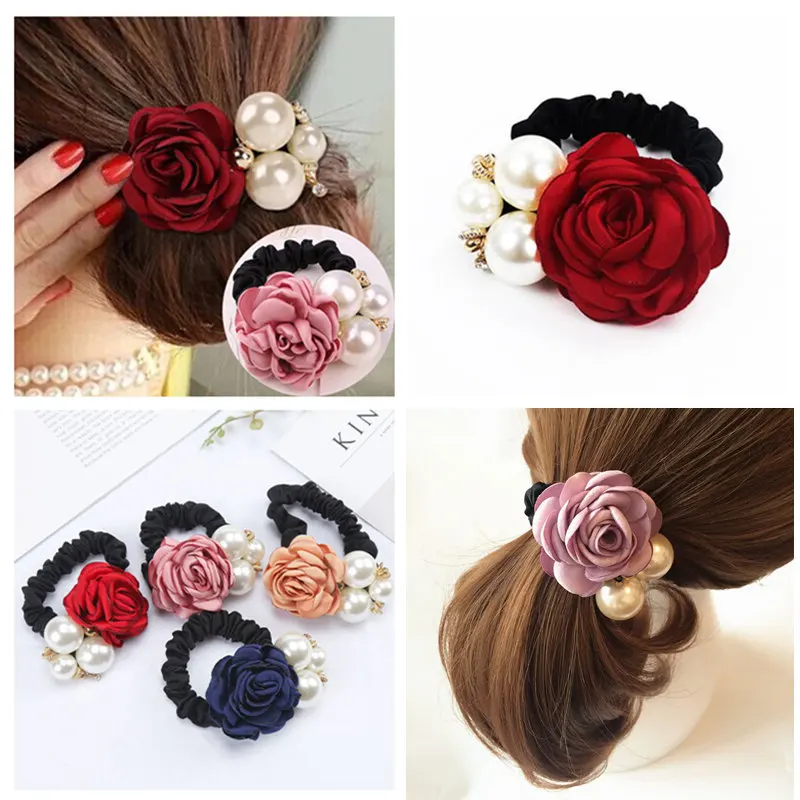 Модные женские резинки для волос в виде цветка розы, резинки для волос с большим цветком, стразы, имитация жемчуга, резиновые аксессуары для волос