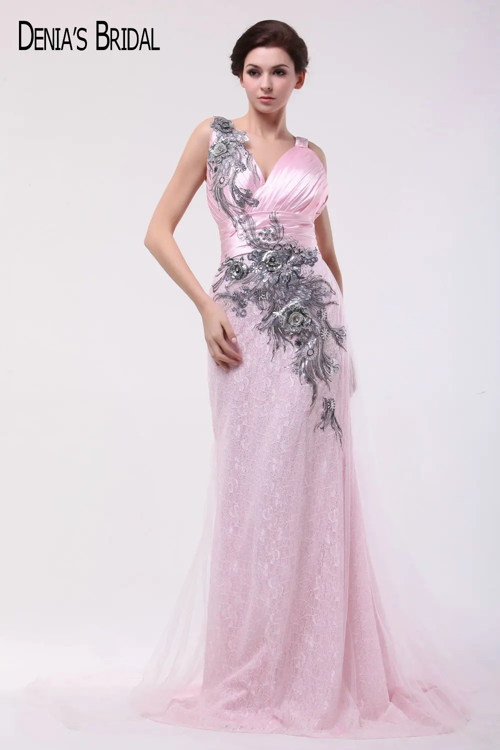 2017 Pink Straight Evening Dresses with V Neckline Beaded Floor Length