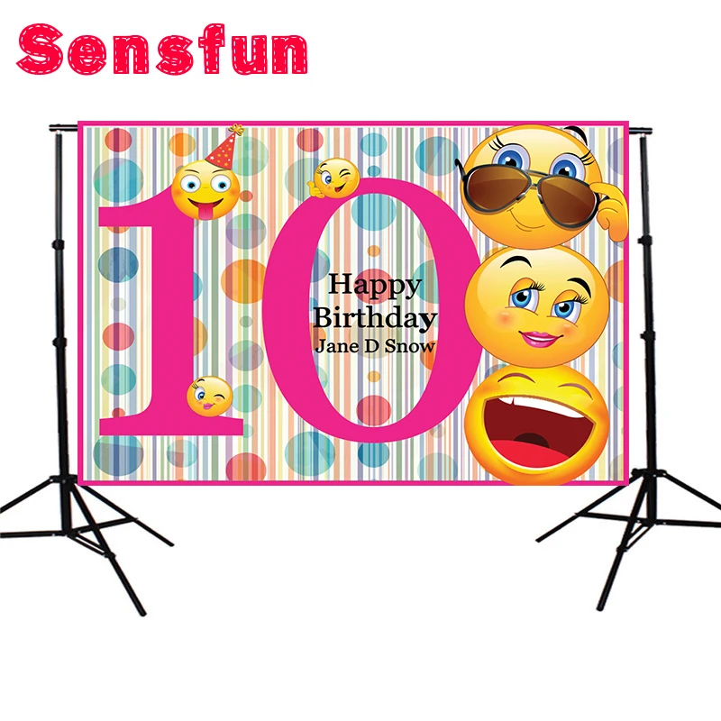 

Vinyl Fabric 5x7FT 10th Birthday Emoji Banner Photography Backgrounds Studio Happy Personalized Party Backdrops