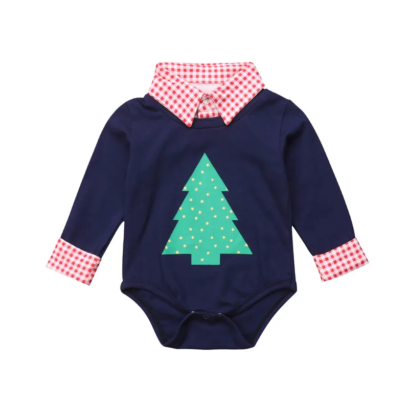

Navy Blue Christmas Tree Print Long Sleeve Bodysuits Baby Boy Newborn Infant Clothes 0-18M Gentleman Xmas Patchwork Clothing