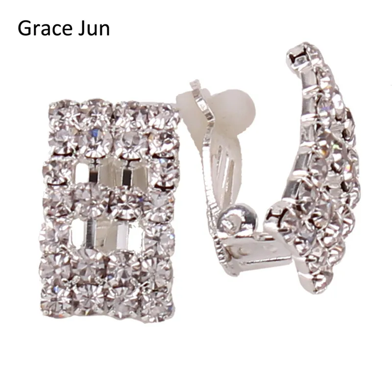 

Grace Jun New Rhinestone Clip Earrings Without Piercing for Women Fashion Jewelry No Ear Hole Ear Clip Wedding High Quality Gift