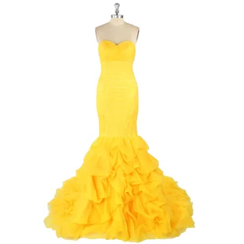 

2017 Sexy Yellow Natural Waist Sleeveless Sweetheart Ruffles Ruched Mermaid Sweep Train Stretch Satin Prom Dress