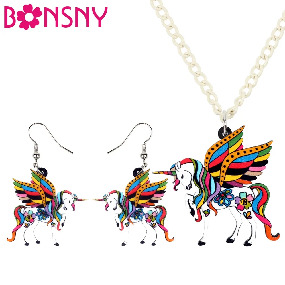

Bonsny Acrylic Floral Holly Flying Horse Unicorn Earrings Necklace Jewelry Sets For Women Girls Teens Gift Fashion Accessories