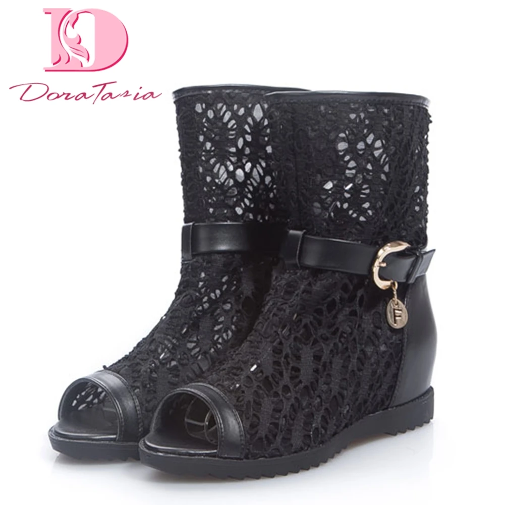 

Dropship Fashion Height Increasing Peep Toe mid-calf Boots Woman Leisure Summer Boots Woman Large Size 34-43 Lace Women Shoes