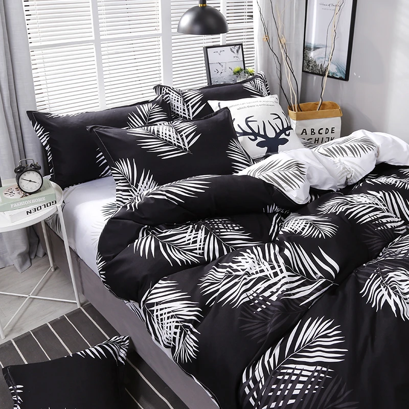 

High Quality Black Leaves Bedding Set 3/4pcs Duvet Cover Flat Sheet Bed Linings With Pillowcase Home Textile