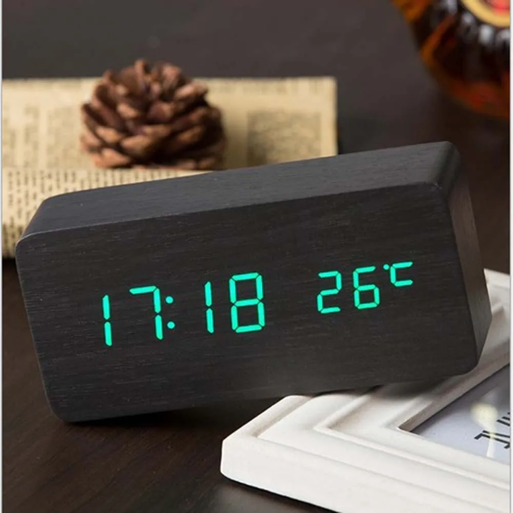 

LED Alarm Clock Watch Table Voice Control Digital Wood Despertador Electronic Desktop USB/AAA Powered Clocks Table Decoration