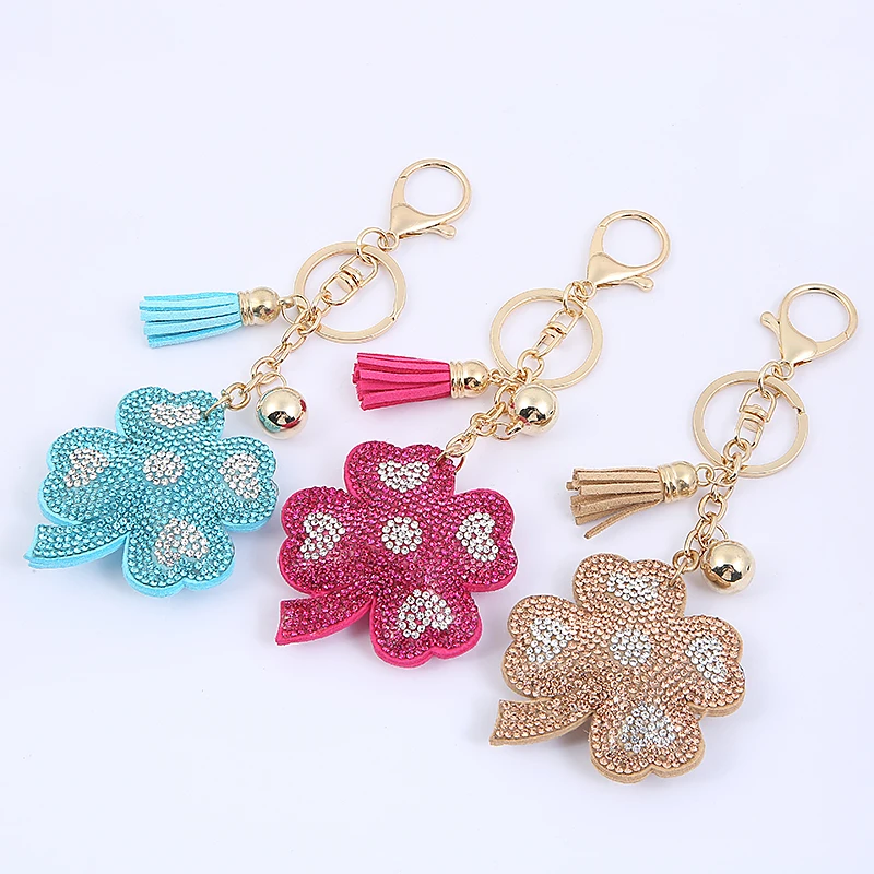 Stylish Rose Flower Keychain Crystal Rhinestone Leather Tassel Key