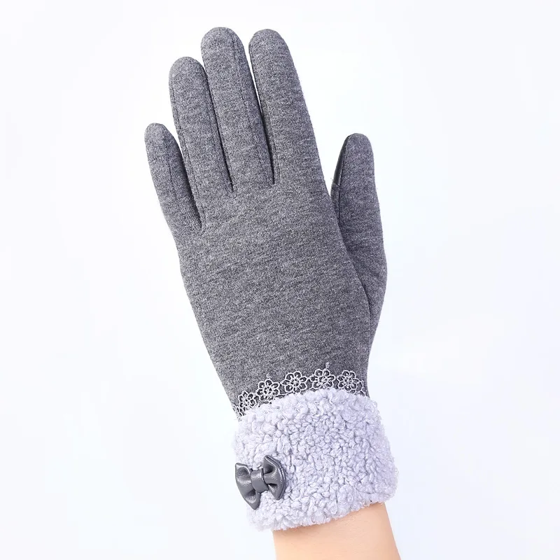 Элегантные женские кружевные Спортивные Перчатки для фитнеса и велоспорта, женские зимние теплые кашемировые перчатки на весь палец, черные перчатки для сенсорного экрана, варежки 16C - Цвет: A Gray