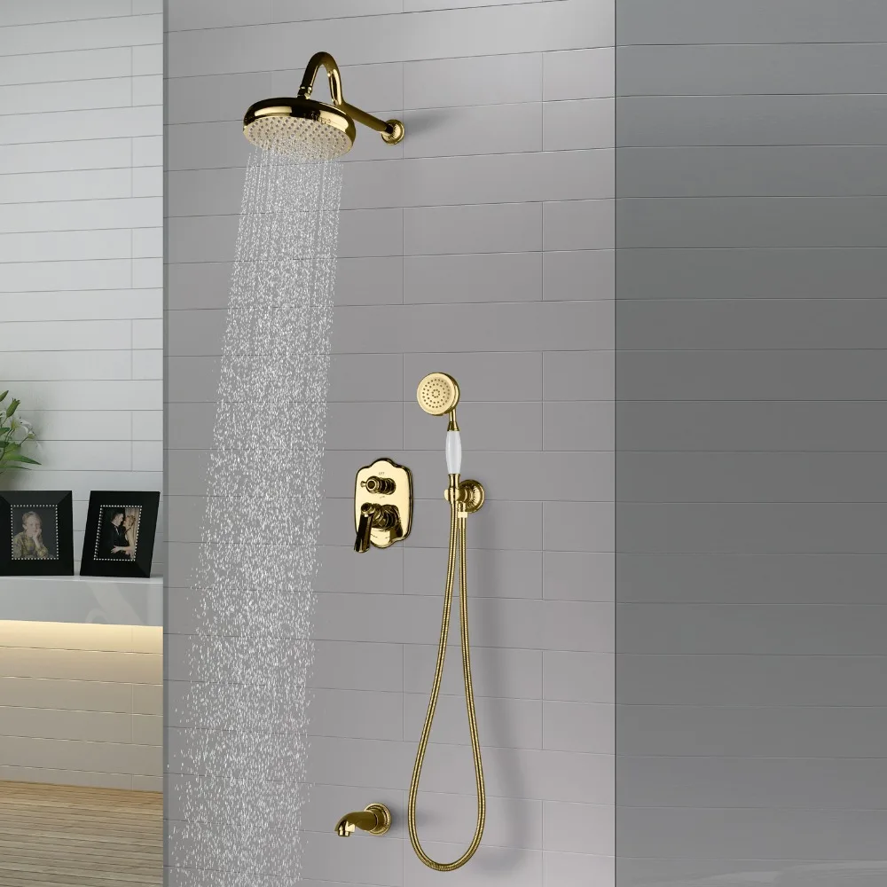 

Free ship Luxury gold brass bathroom shower faucet set Wall mounted 3 functions mixer faucet with 8 inch shower head