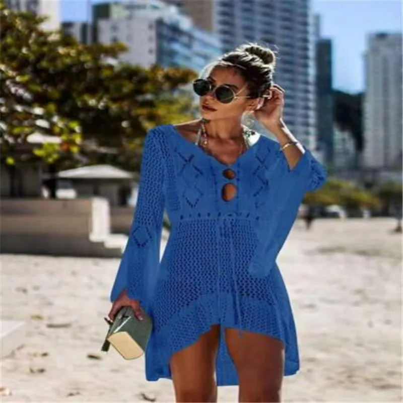 Модные Повседневное свободные однотонные Для женщин пляжный костюм, купальник, бикини пляжная одежда Cover Up дамы лето платье летняя одежда для девочек - Цвет: Синий