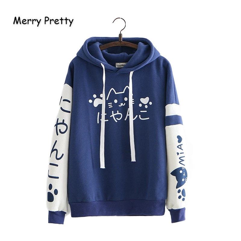  Merrry Pretty Women Plus Velvet Thick Hooded Sweatshirts Cartoon Print Harajuku Hoodies 2019 Autumn