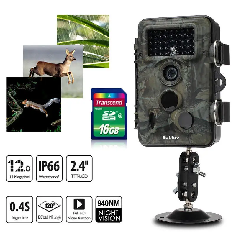 BOBOLOV 16GB RD1006 Game Trail Hunting Camera No Glow Infrared Scouting Camera Night Vision 42pcs IR LEDs Waterproof IP66