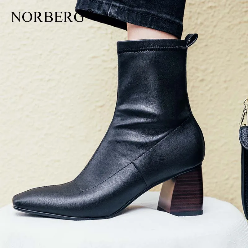 

Spring/AutumnHigh Heels Boot Women Genuine Leather shoes2019 Newblack One foot Booties Women Ankle Boots Square heel shoes