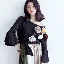 Трехмерные цветы косой воротник нерегулярная личность футболка Топ Женщины Мори девушка