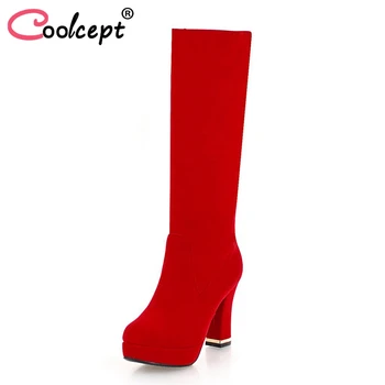 

Coolcept Women Knee High Boots Winter Warm Fur Platform Shoes Woman Zipper High Heel Boots Fashion Round Toe Shoes Size 33-43
