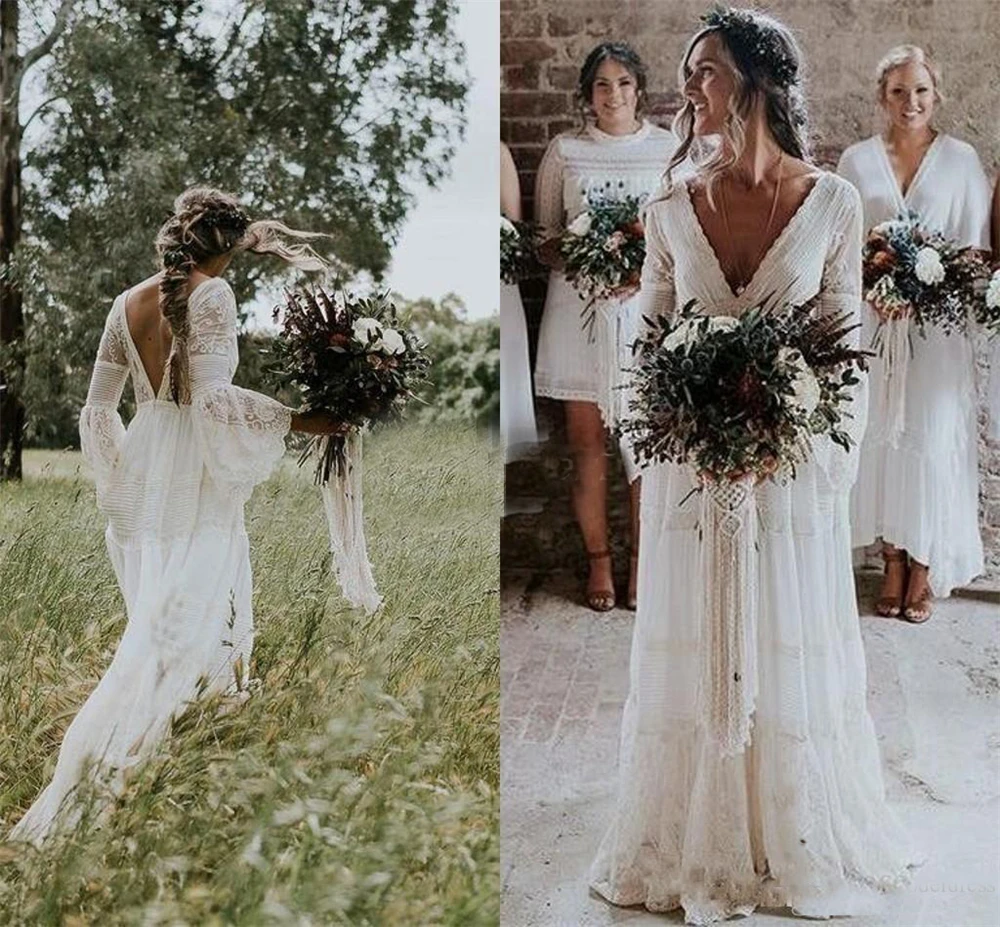 2018-bohemian-wedding-dresses-v-neck-long