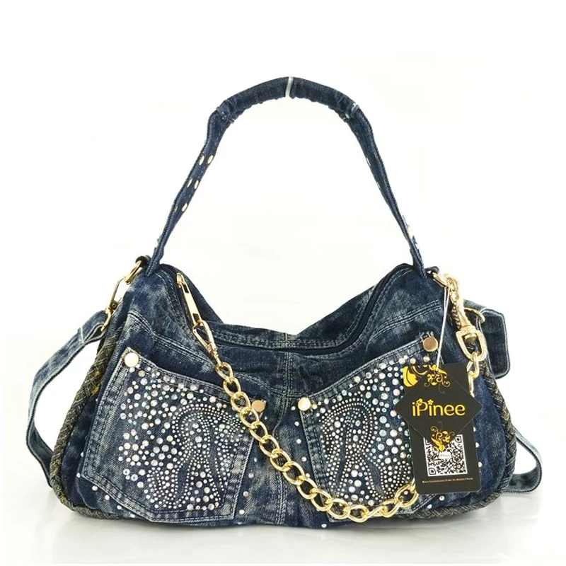 

Famous brand new denim handbag women multi-pocket rivet tote bag female chain shoulder bags