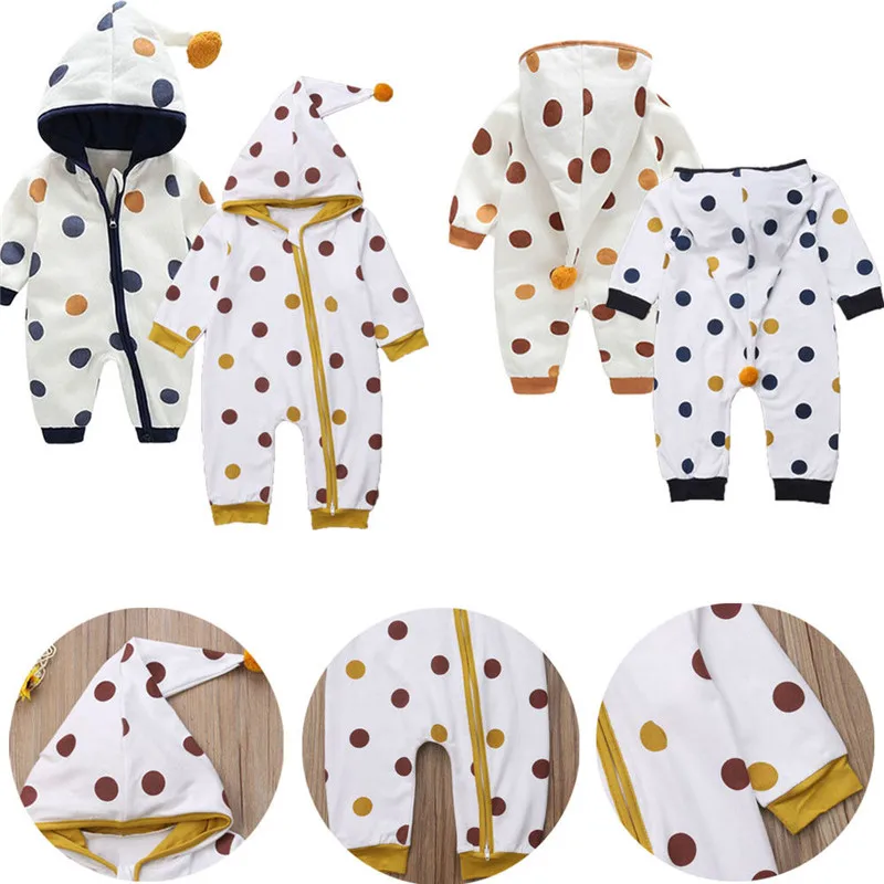 Одежда для новорожденных мальчиков и девочек; Милый хлопковый комбинезон с капюшоном и длинными рукавами; Осенний комбинезон в горошек на молнии для малышей