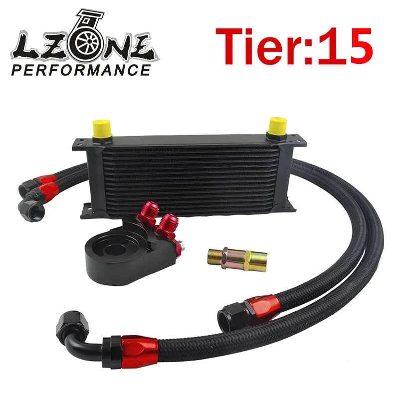 

LZONE - UNIVERSAL 15 ROWS OIL COOLER + OIL FILTER SANDWICH ADAPTER BLACK + SS NYLON STAINLESS STEEL BRAIDED AN10 HOSE