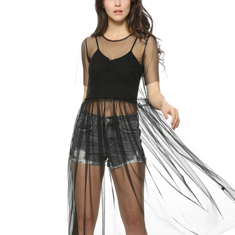 Sexy See Through Mesh Summer Dress Women Solid O Neck Half Sleeve Beach