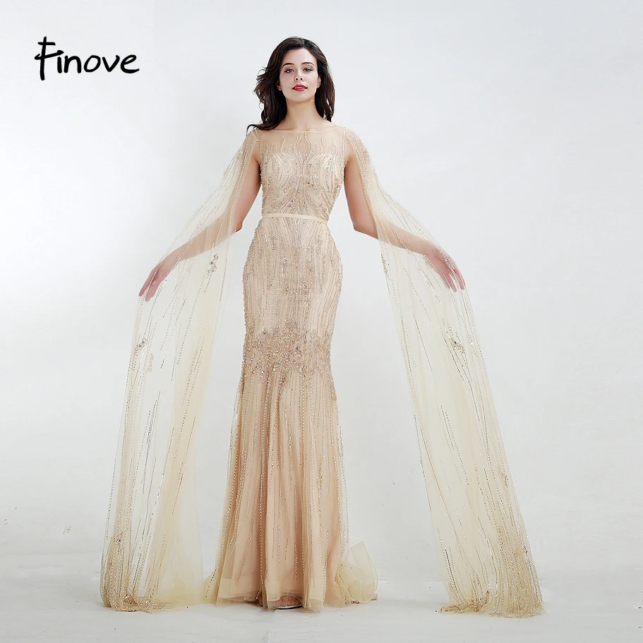 

Finove Evening Dresses 2019 New Champagne Illusion Tulle Beading Elegant Mermaid Formal Party Dress Gowns for Woman Plus Size