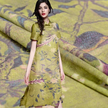 

35M/M fashion digital painting Restoring ancient Grass green silk natural linen fabric for dress tissu au metre bright cloth DIY