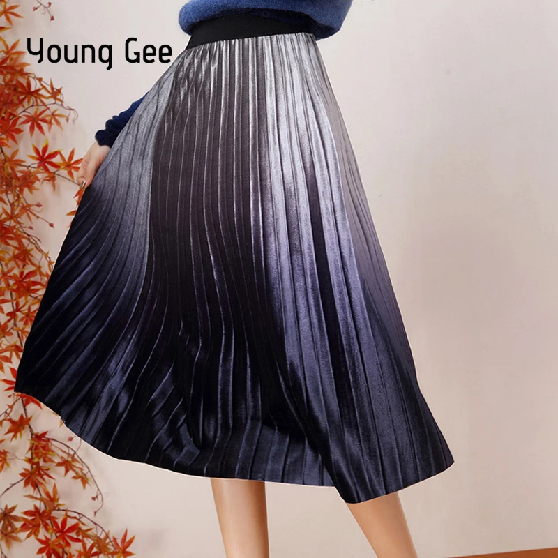 

Young Gee Chic Women Pleated Skirts Gradient Purple Velvet Elastic Waist 2019 Spring Summer Bottom Faldas Tulle Saia Midi Skirt