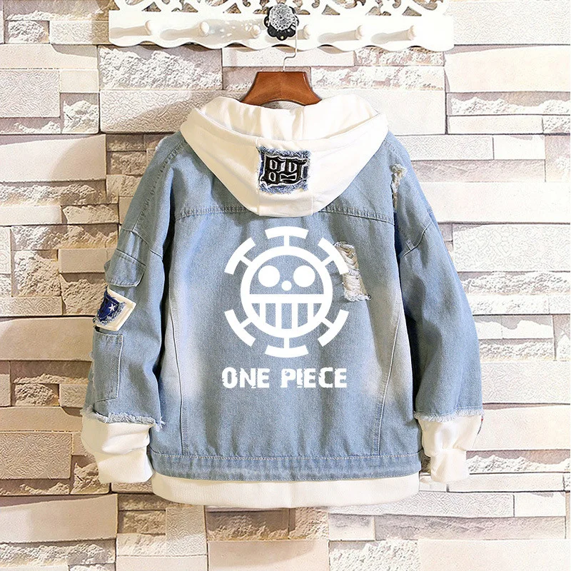 

Anime One Piece denim bomber jacket ONE PIECE D Luffy Hooded Jeans Sweatshirt Unisex Ripped hole cosplay hoodie A9012