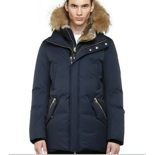 Real fur hood White duck down Winter jacket men Navy blue