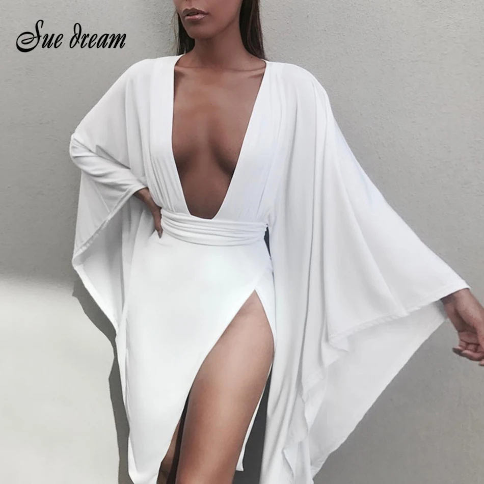 

Women's Sexy White Black Bat Sleeve Deep V-neck High Waist Party Dress 2019 New Knee Length High Split Sexy Party Dress
