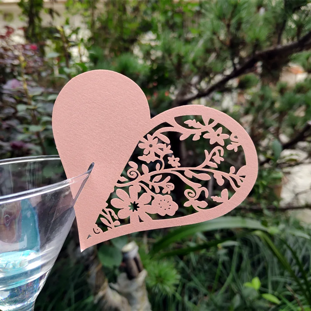 50pcs/set Wedding Table Decoration Place Cards Laser Cut Heart Floral Wine Glass For Party | Дом и сад