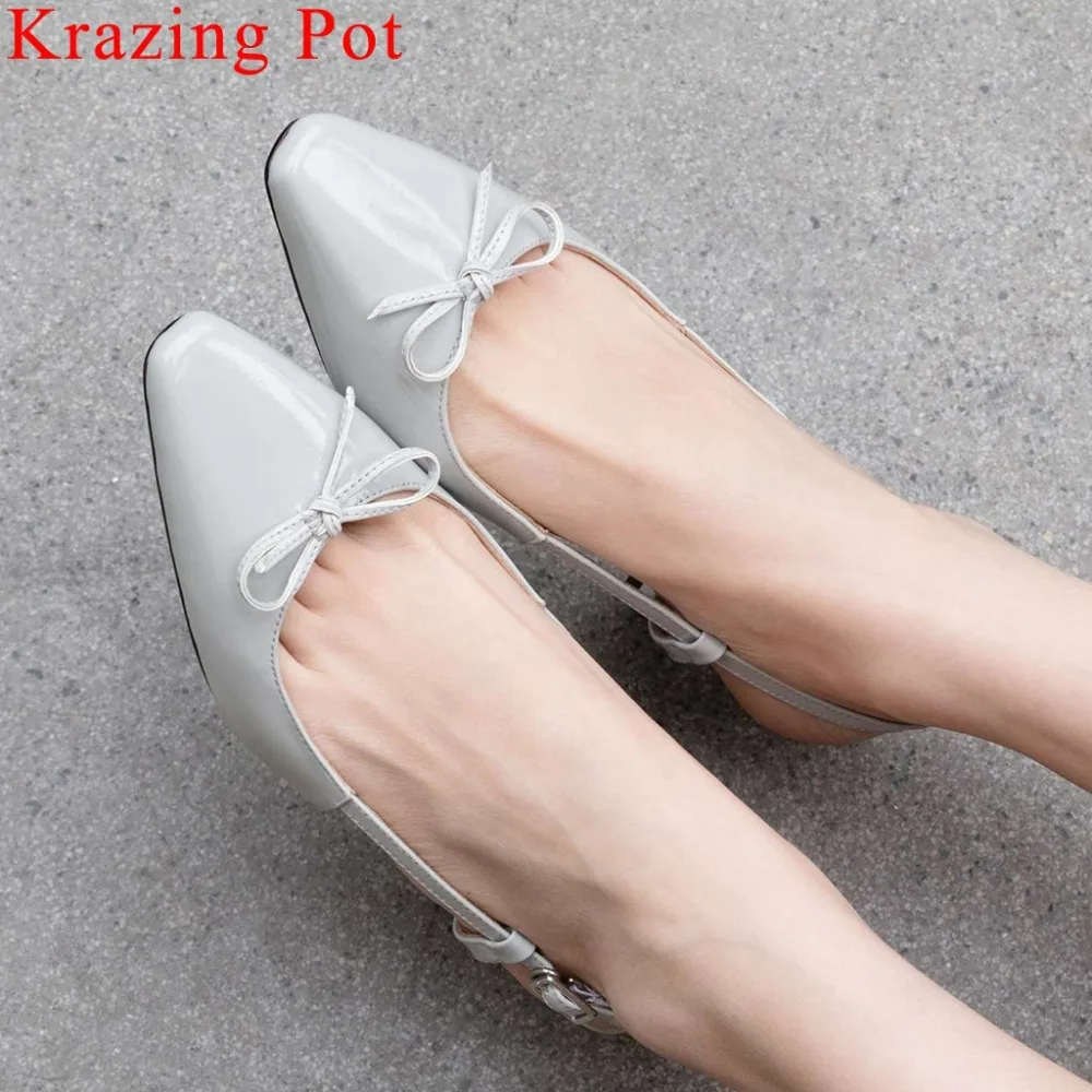 

Krazing Pot cow leather med heels bowtie buckle strap vintage square toe slingback women sandals princess style party shoes L25