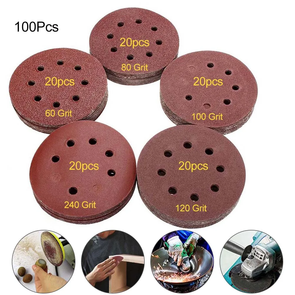 100pcs Grit Round Shape Polishing Pad Buffing Sheet 5inch 125mm 8 Hole
