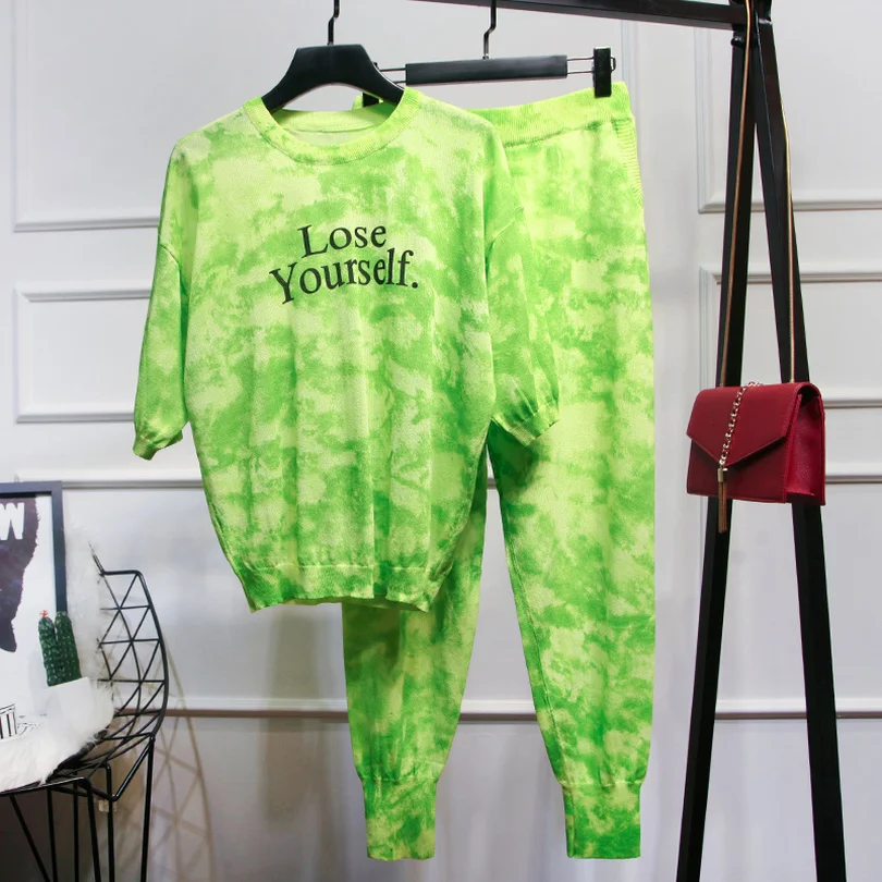 

Taotrees Fashion Summer Short Sleeve Camouflage Flowers Knit Suit Woman Casual Pants Suits Tracksuit
