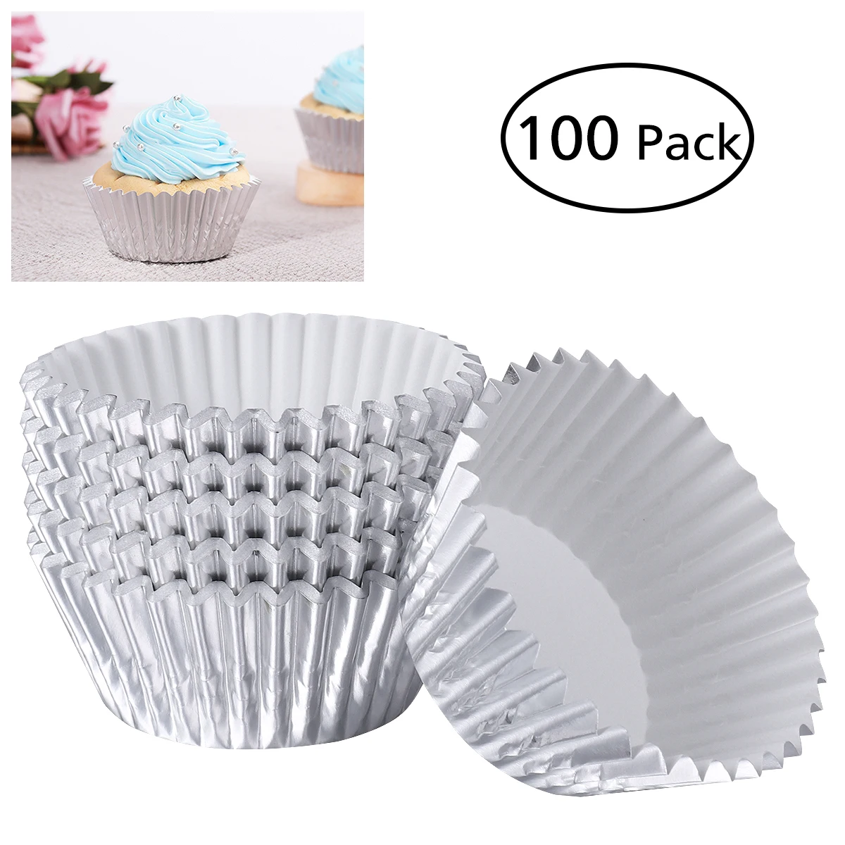 

ROSENICE 100pcs Aluminum Thickened Foil Cups Cupcake Liners Mini Cake Muffin Molds Baking Molds (Silver)