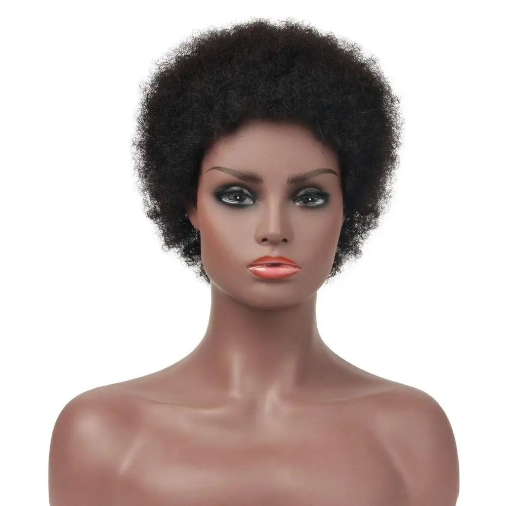 

100% Human Hair Short Afro Kinky Curly Wig SalonChat Brazilian Non-Remy hair Wig for Women African Americans Natural Black Color