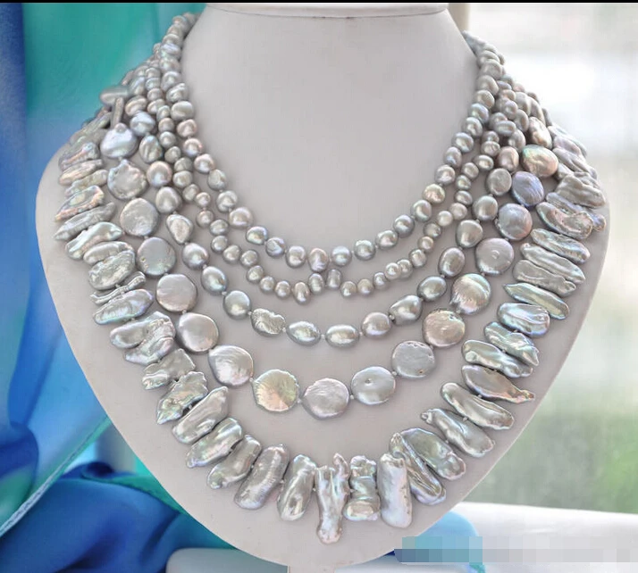 

FREE SHIPPING ****** z6082 5strands GRAY BAROQUE RICE BIWA COIN FRESHWATER pearl necklace 20inch (A0511)