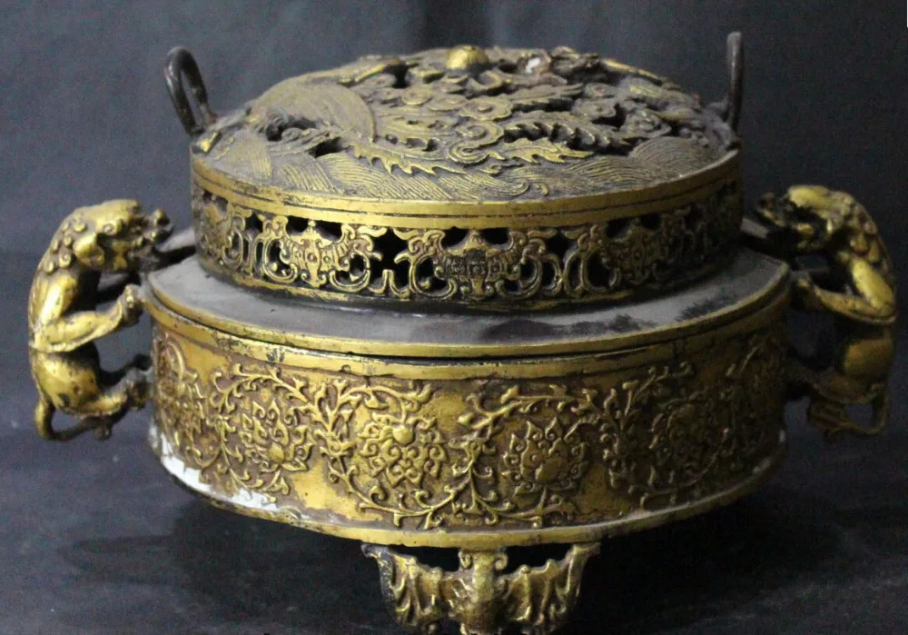 

Elegant old S0037 10"Marked Chinese Bronze Gilt Dragon Phoenix Lion incense Burner Censer Bowl Pot (A0321)