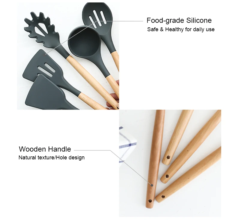 9/12/13pcs Cooking Tools Set Wood+Silicone Kitchen Cooking Utensils Set Cookware Storage Box Turner Tongs Spatula Spoon Whisk