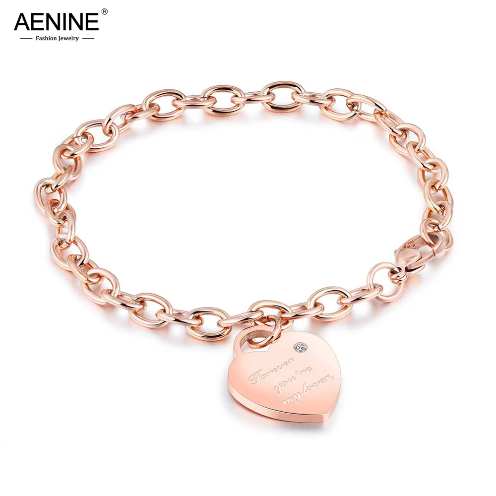 Aenine Titanium Steel Plated Classic Heart Charm Bracelets Rose Gold