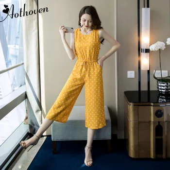 

Summer Jumpsuits O Neck Sleeveless Yellow Dot Bodysuit Casual Lady Rompers Wide-legged Pant Women Jumpsuit Playsuit Overalls