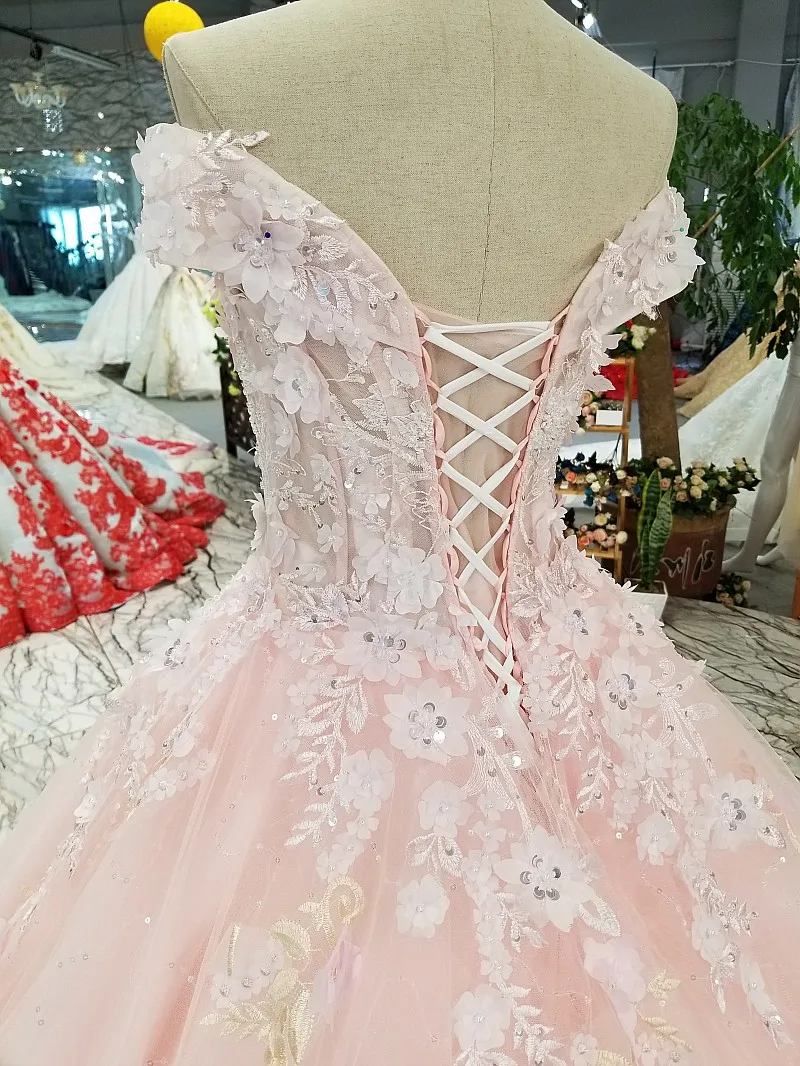 Розовые платья Quinceanera Цветы Кружева Аппликации бальное платье с блестками с открытыми плечами с короткими рукавами день рождения платья принцессы