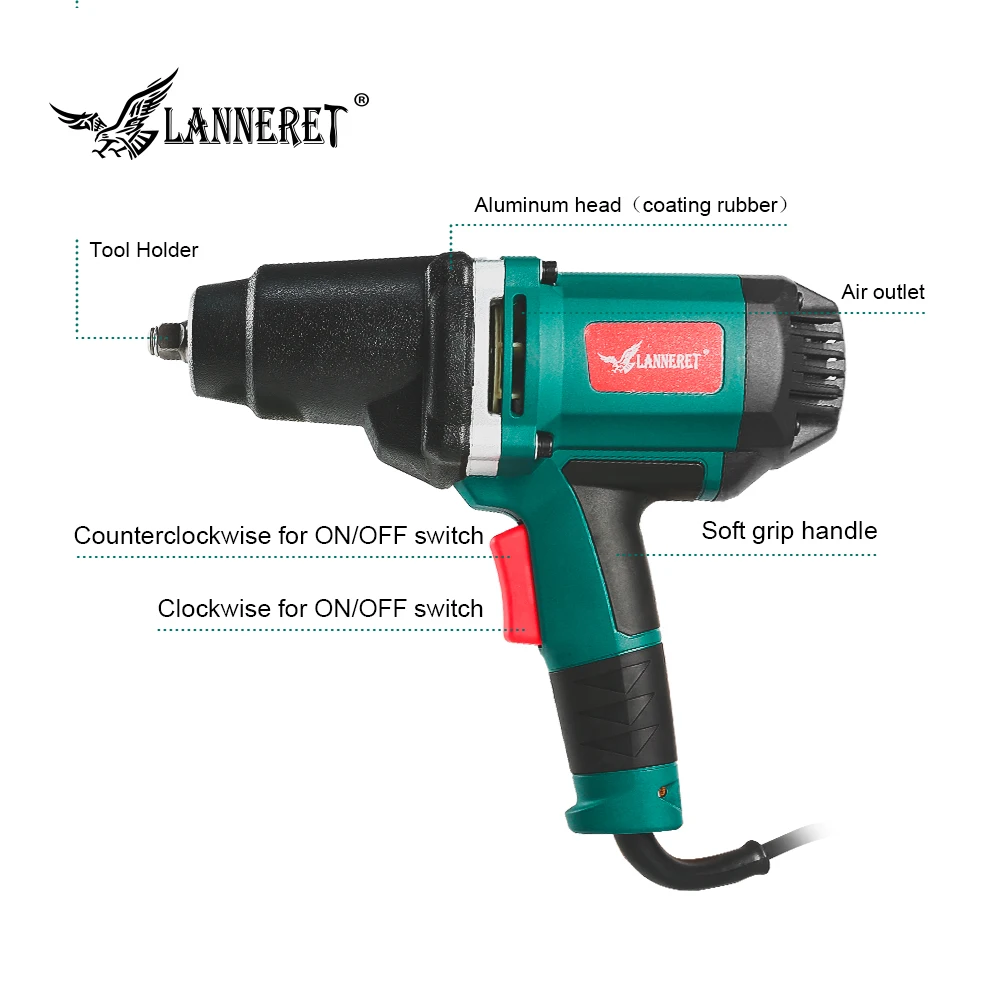  LANNERET 950W Electric Impact Wrench 450-550Nm Max Torque 1/2 inch Car Socket Household Professiona