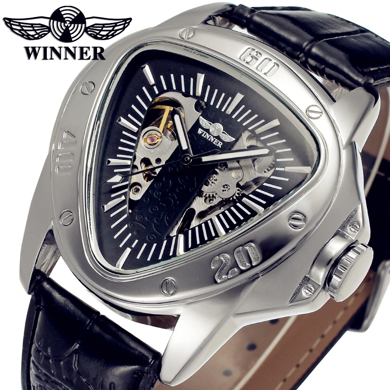 Fashion font b WINNER b font Men Luxury Brand Triangle Skeleton Leather Casual Watch Automatic Mechanical